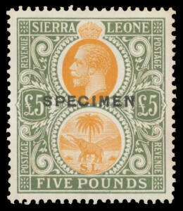 1921-27 Script Definitives £2 blue & dull purple and £5 orange & green SG 147-8 both with 'SPECIMEN' Overprint, minor hinge remainders but very fresh, Cat £650. (2)