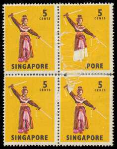 1968-73 Pictorials 5c Sword Dance SG 103 block of 4, the right-hand units with surface damage resulting in some abberant perfs & the upper-right unit with the Red Printing (Base of Costume & 'SINGA') Partly Omitted, crude repair with stamp selvedge. A mos