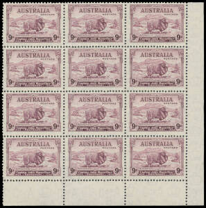1934 Macarthur 9d violet lower-right corner block of 12 (3x4), minor "dents" on a few units, unmounted, Cat $1080+