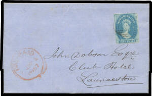 1857 entire to Launceston with scarce franking of No Watermark 4d blue SG 22 (full margins, lifted & hinged in place) just tied by a light numeral cancel, 'PRE-PAID/2JY2/1857' cds of Hobart & similar boxed arrival b/s. Ex VJ Colbeck.