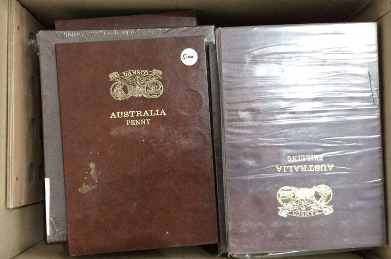 Large Medium Box containing unused or as-new Dansco Albums for Australian pre-decimal and decimal issues, includes Supreme Albums and additional pages. Heavy. (Approx 50 Albums)