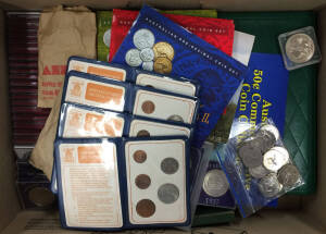 Box containing Australia 'The Australian Collection' gold plated silver stamp replicas in case (initial cost over $2400), Sherwood pre-decimal coin sets for KGV, KGVI & QEII, 1927-63 Florins and 50c Commemorative Coin Collection, 1937 cased Crown, 1966 ro