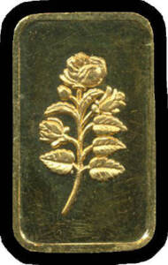 BULLION: Gold IBJ floral design ingot, 5 grams 999.9 pure.
