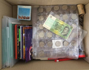 Medium Box of remainders with RAM Unc sets (20) including 1985 x5, 1979 x3, 2000-2002 & 2009, 1989 Holey Dollar & Dump, 1990 $10 Silver Proof, other decimals to 50c include 5c (year not visible) and 1967 20c mint rolls, approx 2kg of Unc coins individuall