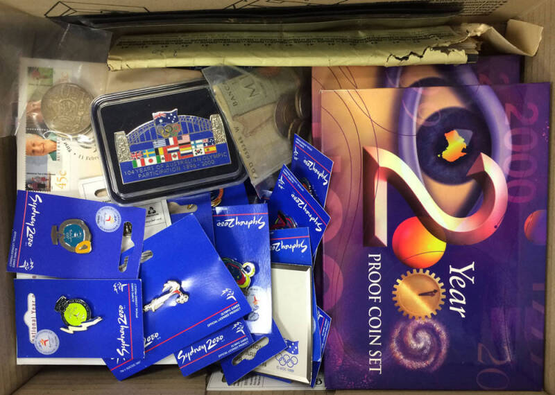 Box containing Sydney 2000 Olympics Pin collection '200 Days to Go' to '1 Day to Go' and other types, some duplicated (26), 2000 Proof Coin Set x2, 2001 State Proof Coin Set, 1999 Older Persons PNC, 2000-01 $1 x4 mintmark folders, loose change with 1966c