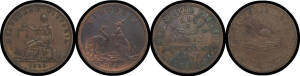 Victoria: - Melbourne: 1d 1849 Annand Smith Soho Mint Gray #15 (Australia's first minted token), 1862 John Andrew & Co. Drapers G#13, 1855 E. De Carle & Co. G#63, 1862 J. Hosie Pastry Cook G#132a, 1862 Miller Bros. Coach Builders G#191 and Hugh Peck Money