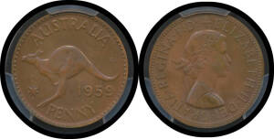 ONE PENNY: 1959 QEII Penny in plastic holder and graded by PCGS as Proof 64 brown.