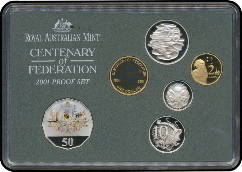 PROOF SETS: 2001 'Centenary of Federation' Proof Coin Collection (#5072) 20 coin set in padded case with Cardboard outer, plus 2001 Six Coin Proof Set x2. (32 coins)