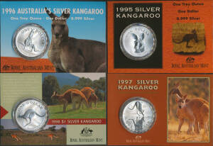ONE DOLLAR: $1 Silver 'One Ounce' Kangaroo Frosted Uncirculated coins 1995 to 2001 x3, (0.653kg 99.9% silver). (21)