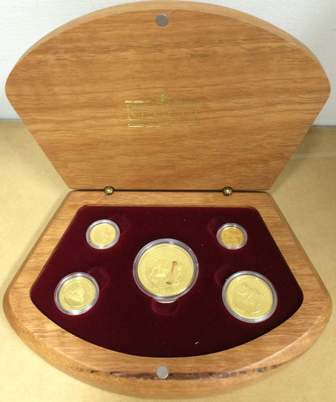 2002 Gold Nugget Series cased Proof set (#129), 1 oz, 1/2 oz, 1/4 oz, 1/10 oz and 1/20 oz .999 pure. (5)