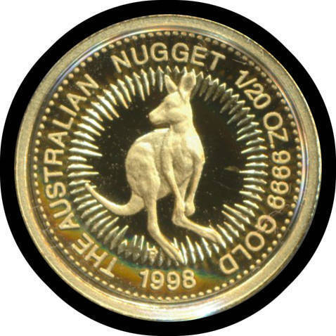 FIVE DOLLARS: 1998 'The Australian Nugget Heritage Set' $5 1/20 oz 99.99% gold coin plus a natural Australian gold nugget between 0.47 and 0.77grams.