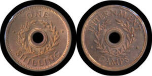 ONE SHILLING: 1/- Copper alloy Internment Camp Token, Choice Unc. McDonald Cat $1250.