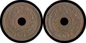 TWO SHILLINGS: 2/- Copper alloy Internment Camp Token, previously cleaned, VF. McDonald Cat $1000.