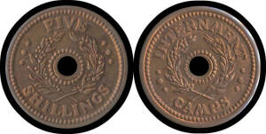 FIVE SHILLINGS: 5/- Copper alloy Internment Camp Token, red and brown, Unc. McDonald Cat $9750.