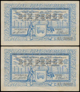 HAY - SIX PENCE: 6d blue and black, Campbell #1212b, W. Epstein/R. Stahl serial 'C 39821/22' consecutive pair, light printer's (?) fingerprint in the blue ink from the note #822 at front centre and trace on #821, aEF/EF. Rare. McDonald Cat $43000. (2)