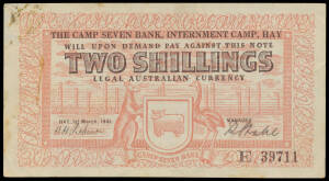 HAY - TWO SHILLINGS: 2/- red and black, Campbell #1214c, H.W. Robinow/R. Stahl serial 'E 39711', tone spots, some soiling and light creasing upper left, VF. McDonald Cat $22,500.