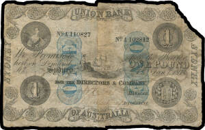 UNION BANK OF AUSTRALIA 1876 Sydney uni-face One Pound (Renniks #MVR 2b) reconstructed from two genuine halves 'A 110827' and 'A 102812', top right corner missing (30mm), Cat $72,000, also 1852 Third of Exchange plus Bank of NSW £10 'SPECIMEN' Circular N