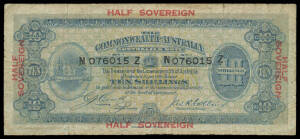 TEN SHILLINGS: 'HALF-SOVEREIGN' red border imprint predominately blue, Collins/Allen Bold Serial Letters McDonald #6b Last Prefix/Suffix 'N 092985 N', spacefiller, plus Cerutty/Collins Bold Serial Letters McDonald #10, serial 'N 659901 E' some stains but 