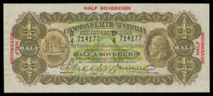 TEN SHILLINGS: 'HALF-SOVEREIGN' red border imprint predominately brown, signature run with McDonald #11-14 & #16 Miller/Collins 'A/10 979737' Kell/Collins 'A/39 178135' Kell/Heathershaw 'A/44 547785' Riddle/Heathershaw 'B/4 714177' and Thin Signature Ridd