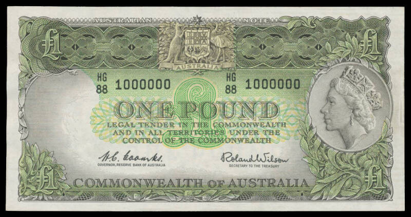 ONE POUND: £1 Coombs/Wilson, McDonald #50m Renniks #33m, Million Numbered Serial 'HG/88 1000000', EF. Cat $8,500.