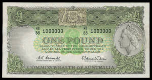 ONE POUND: £1 Coombs/Wilson, McDonald #50m Renniks #33m, Million Numbered Serial 'HG/88 1000000', EF. Cat $8,500.