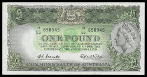 ONE POUND: £1 QEII Coombs/Wilson ex-dealer stock, noted 'Commonwealth Bank' semi-solid serials x5, 'Reserve Bank' consecutive pairs x2 and trio, First Prefix 'HF/65' and Last Prefix Emerald Green 'HK/65', condition varied VG-Unc. Personal inspection recom