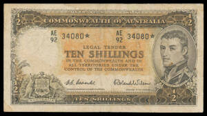 TEN SHILLINGS: 10/- Flinders Star Notes 1954-62 Coombs/Wilson, Commonwealth Bank, McDonald #24bs Last Prefix 'AE/92 34080*', toned & soiled plus Reserve Bank McD #25s general prefix 'AE/96 10421*' heavy centre fold, both VG/Fine. (2)