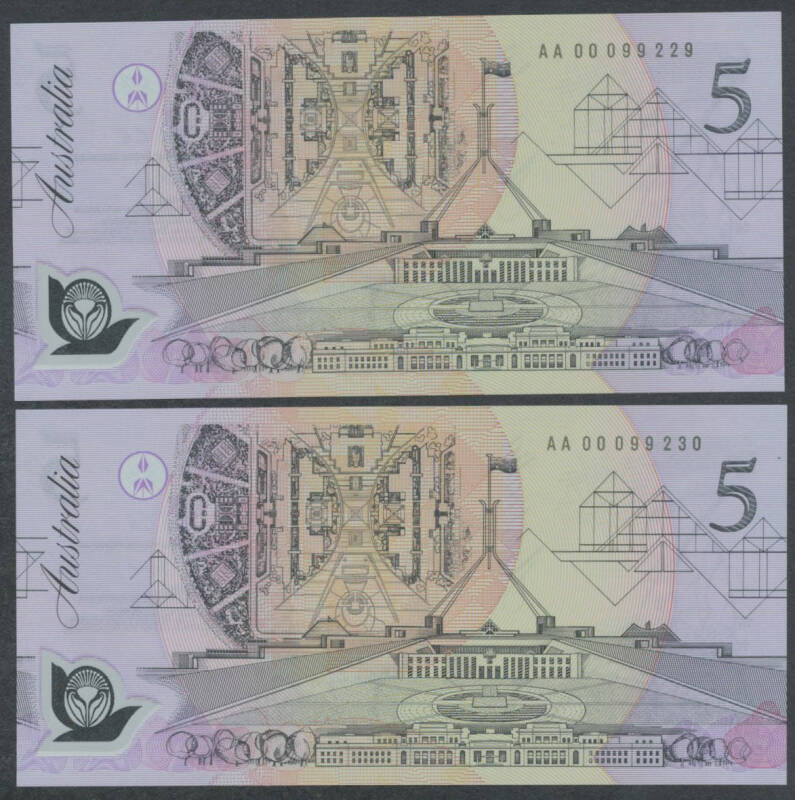 FIVE DOLLARS: $5 Fraser/Cole, McDonald #301a/1, consecutive pair, First Signature Prefix 'AA00 099230', Unc. (2)