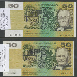 FIFTY DOLLARS: $50 1973-1993 ex-dealer stock with all signatures, noted First Prefix Phillips/Wheeler McDonald #201a (flattened) EF, then all Uncirculated. (14)