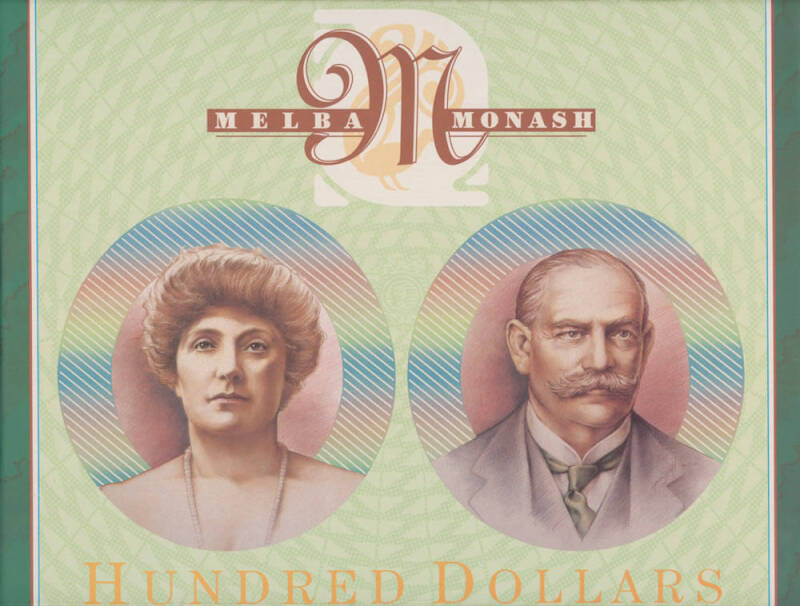 ONE HUNDRED DOLLARS: $100 'Melba Monash' Paper/Polymer 'Two Note PortFolio' #616 matching red serials, plus Fraser/Cole Last Prefix paper 'ZLD 189970' and Fraser/Evans First Prefix polymer 'AA96 931275', Unc. (4)