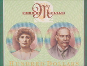 ONE HUNDRED DOLLARS: $100 'Melba Monash' Paper/Polymer 'Two Note PortFolio' #616 matching red serials, plus Fraser/Cole Last Prefix paper 'ZLD 189970' and Fraser/Evans First Prefix polymer 'AA96 931275', Unc. (4)