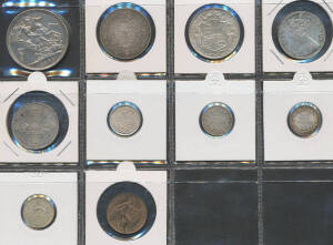 Silver group with 6d George III 1817, QV 1888, 1900, KGV 1922, Florins 1885 Gothic & 1887 Jubilee, Half Crowns QV 1900 & KGV 1916, Crown QV 1900 (polished), also copper ½d 1899 with light graffiti, condition varied. (10)