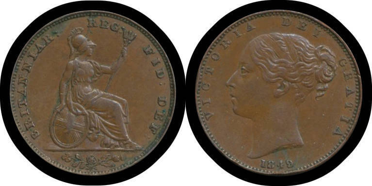 FARTHING: QV 1849 (Key date) Spink #3939, underlying lustre, VF. Rare in this condition.