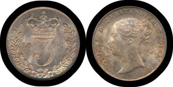 THREE PENCE: QV 1850 3d Spink #3914, in plastic holder and graded by PCGS as Mint State 63.