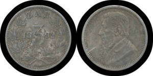 THREE PENCE: Z.A.R. 1892 Kruger 3d KM #3 gVF.