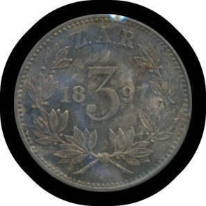 THREE PENCE: Z.A.R. 1897 Kruger 3d KM #3 deep toning, Unc.