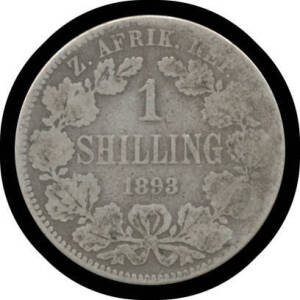 ONE SHILLING: Z.A.R. 1893 Kruger 1/- KM #5, aVG. Key date, scarce.