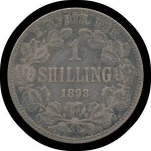 ONE SHILLING: Z.A.R. 1893 Kruger 1/- KM #5, F/gF. Key date, scarce.