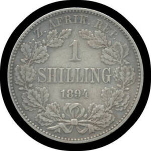 ONE SHILLING: Z.A.R. 1894 Kruger 1/- KM #5, VF.