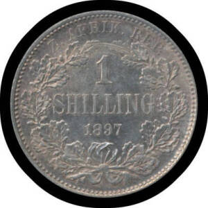 ONE SHILLING: Z.A.R. 1897 Kruger 1/- KM #5, contact scratch above '1' on obv. and a couple of small marks on rev. otherwise Unc.