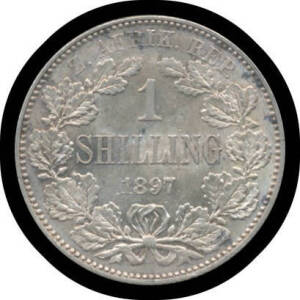 ONE SHILLING: Z.A.R. 1897 Kruger 1/- KM #5, some reverse spots otherwise aUnc.