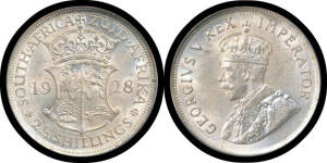 HALF-CROWN: 1928 KGV 2/6d KM #19.2 in plastic holder PCGS graded as aUnc 58. Stated retail $1895.