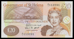 ST. HELENA 1979 50p consec trio Pick #5a, 1981 £1 pair #9a, £5 #7b, 2004 £10 #12a and £20 #13a, all Unc. (8)