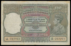 INDIA: KGVI (1937) 100 Rupees, Calcutta, Pick #20d, Watermark Profile, signature J.B. Taylor, serial 'A/52 023921', quarter folds, usual staple holes, light stains, VG.