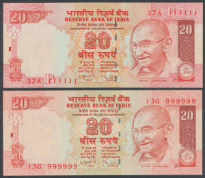INDIA: Ghandi 20 Rupees, Pick #96, With & Without Letter types, solid serials '111111' to '999999' and semi-solid '100000' to '1000000', Unc. (19)