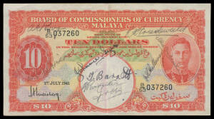 STRAITS SETTLEMENTS AND MALAY STATES: KGVI 1945 $10 "Short Snorter" Pick #13 red and multicoloured, portrait King George VI at right, nine ink pen autographs across front, provenance not checked by us, back; Malayan States Coats of Arms. [A Short Snorter 