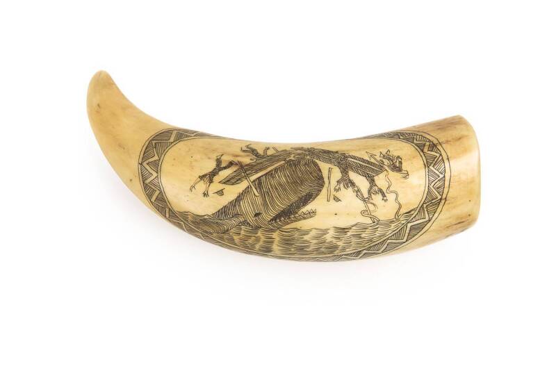 A scrimshaw whales's tooth with whaling scene. 11cm