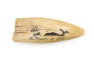 A scrimshaw whale's tooth titled "The Moment of Truth". 13cm