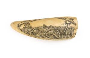 A scrimshaw whale's tooth with whaling scene and ship. 15cm