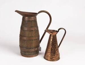 An antique English cider jug (36cm), oak and copper, together with a copper pitcher (24cm). 